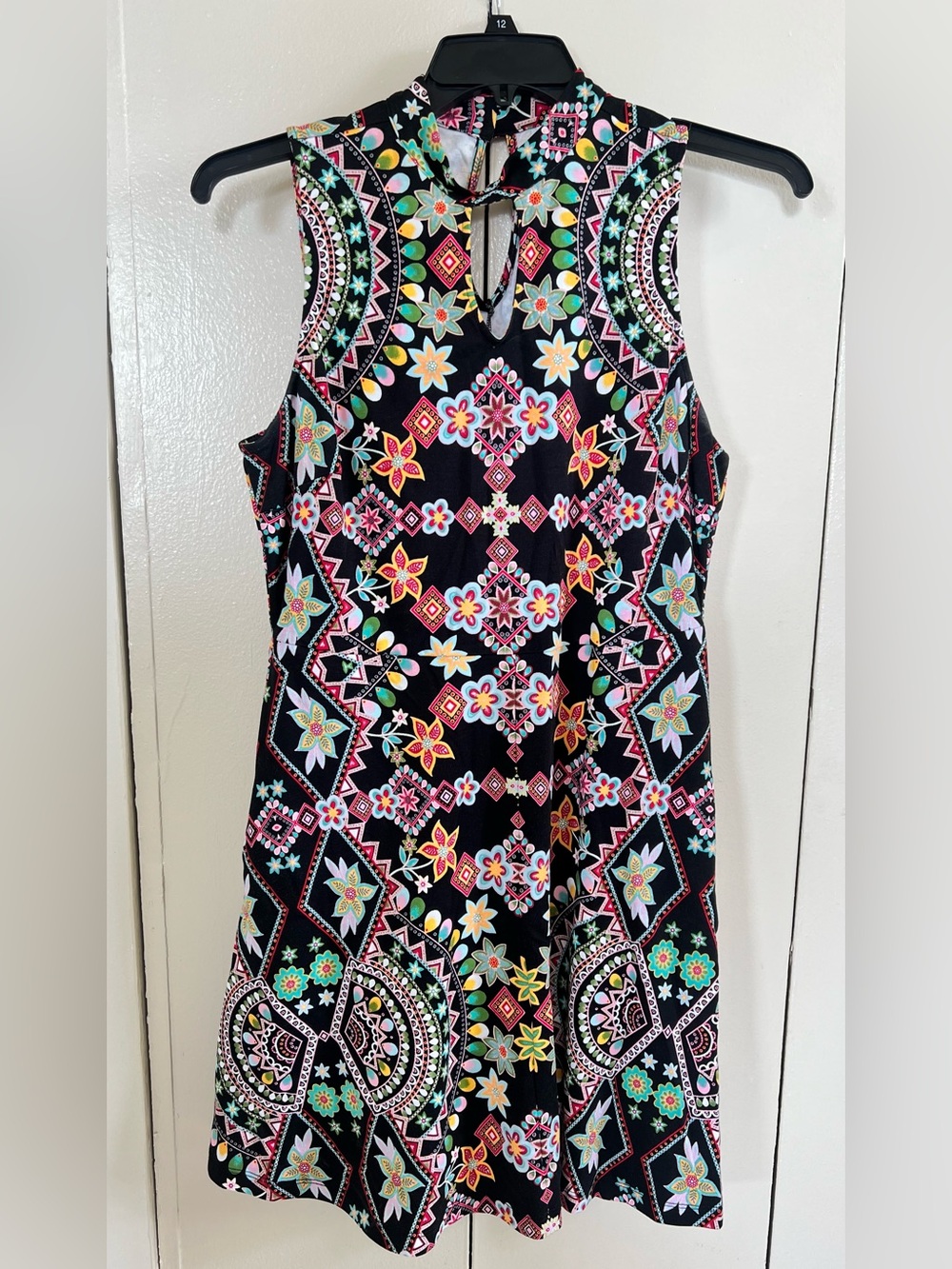 Black Sleeveless Dress with Colorful Geometric Floral Print